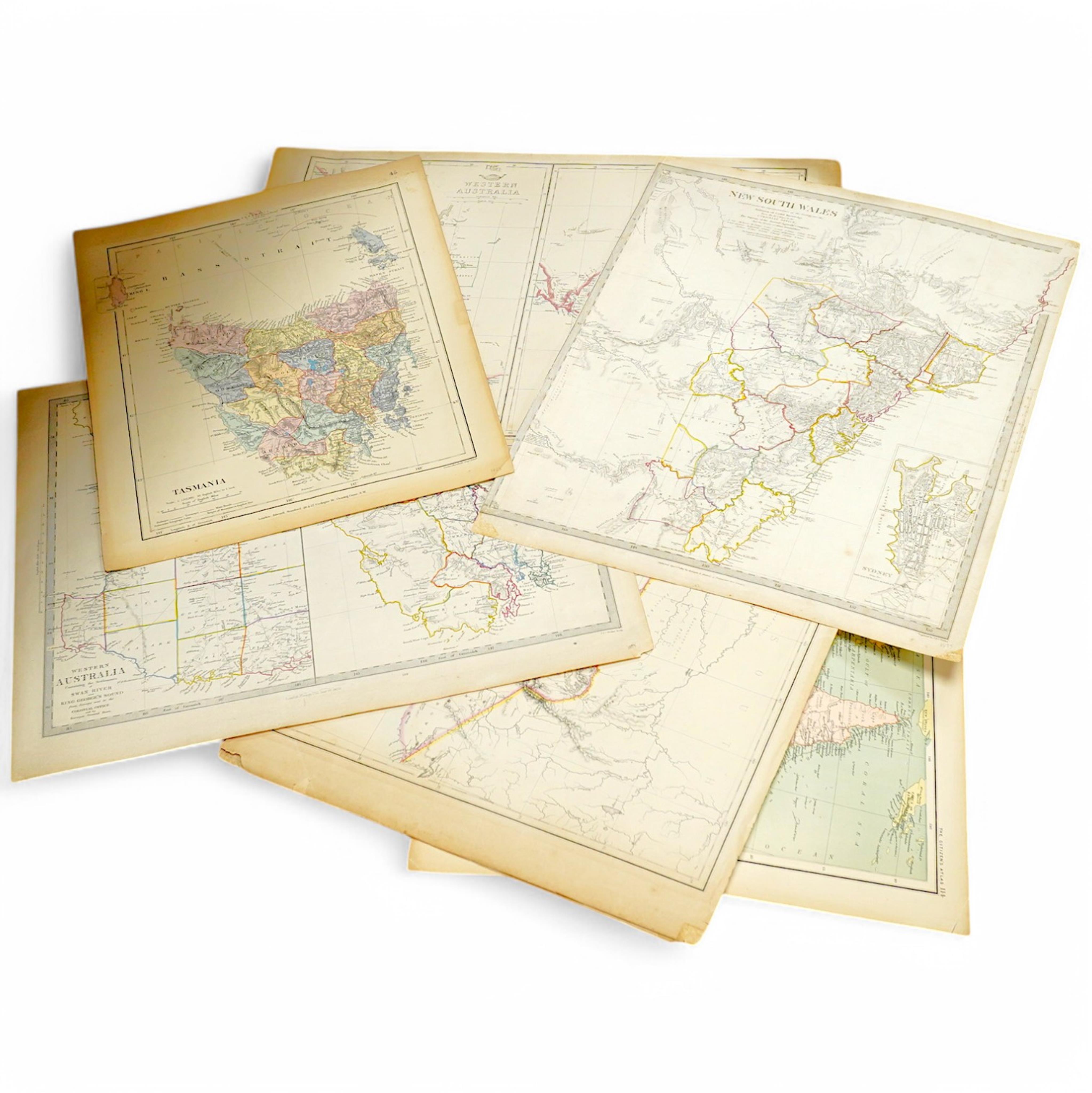 A collection of 19th century engraved maps to include Western Australia, Tasmania and New South Wales, unframed, largest 42 x 35cm. Condition - some foxing and discolouration